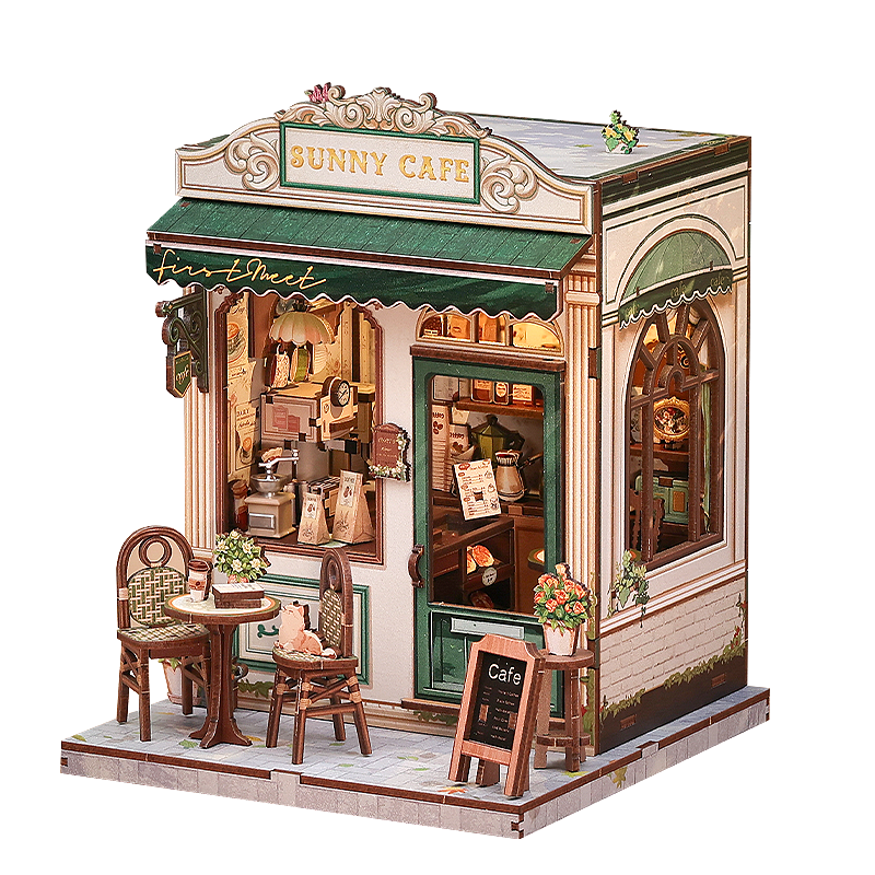 Model of a Bunny Cafe with detailed interior and exterior on a white background, featuring the brand 'CuteBee'.