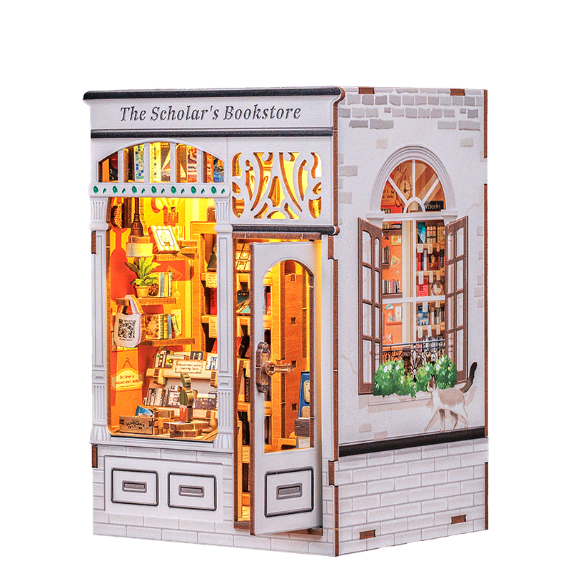 Model of 'The Scholar's Bookstore' with illuminated interior and detailed exterior.